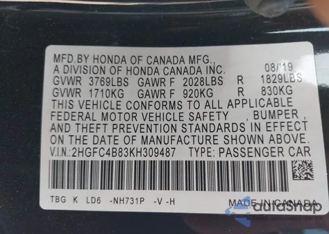 2019 Honda Civic Sport из США, поврежденный, VIN 2HGFC4B83KH309487